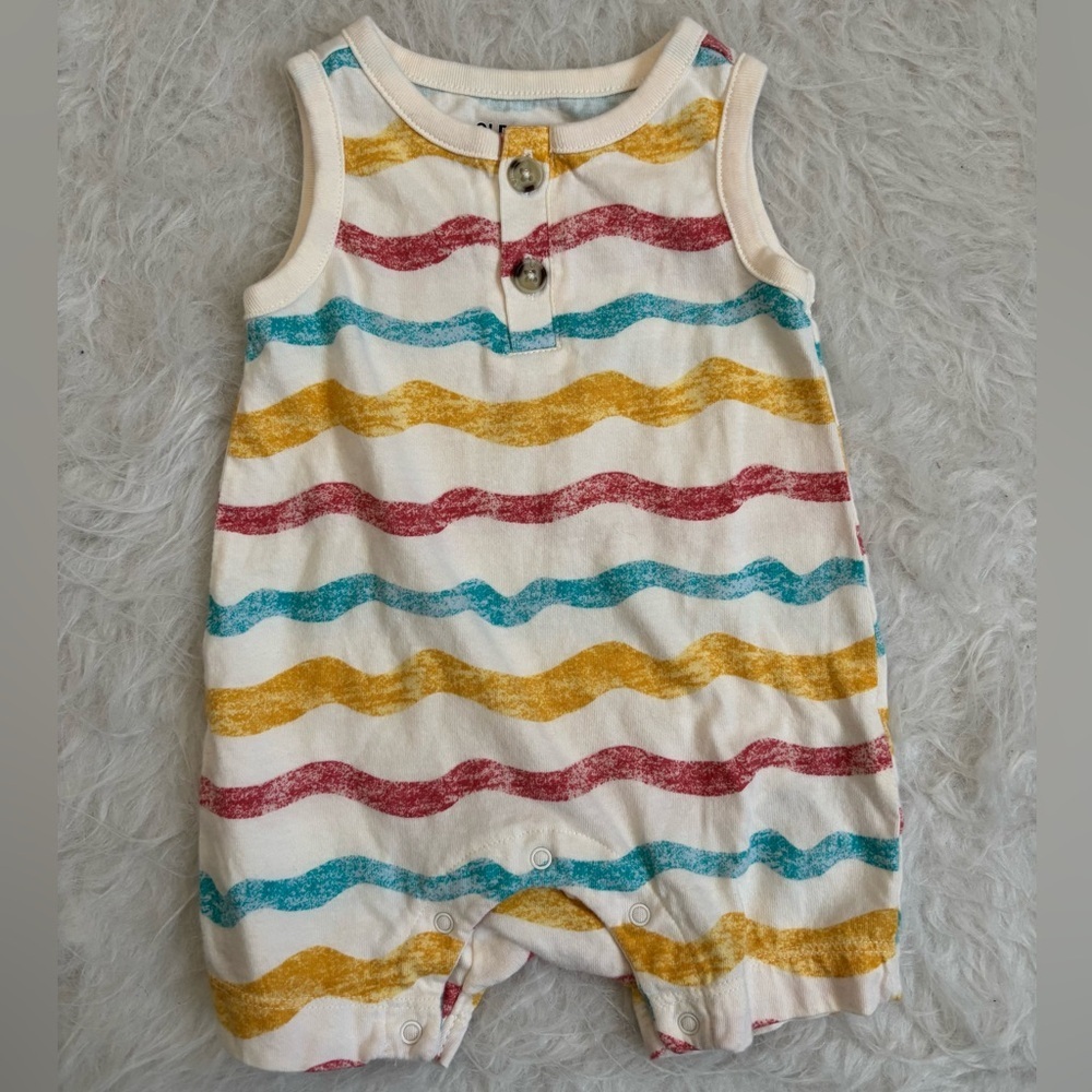 Old Navy Gender Neutral Baby Beachy Henley Romper in Teal, Mustard & Red